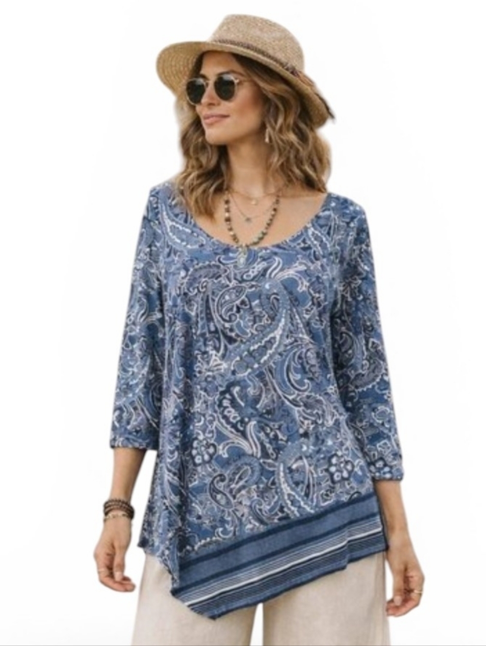 NWT Cleo Petites Blue Paisley Sharkbite Hem Tunic Top 3/4 Sleeve SZ M